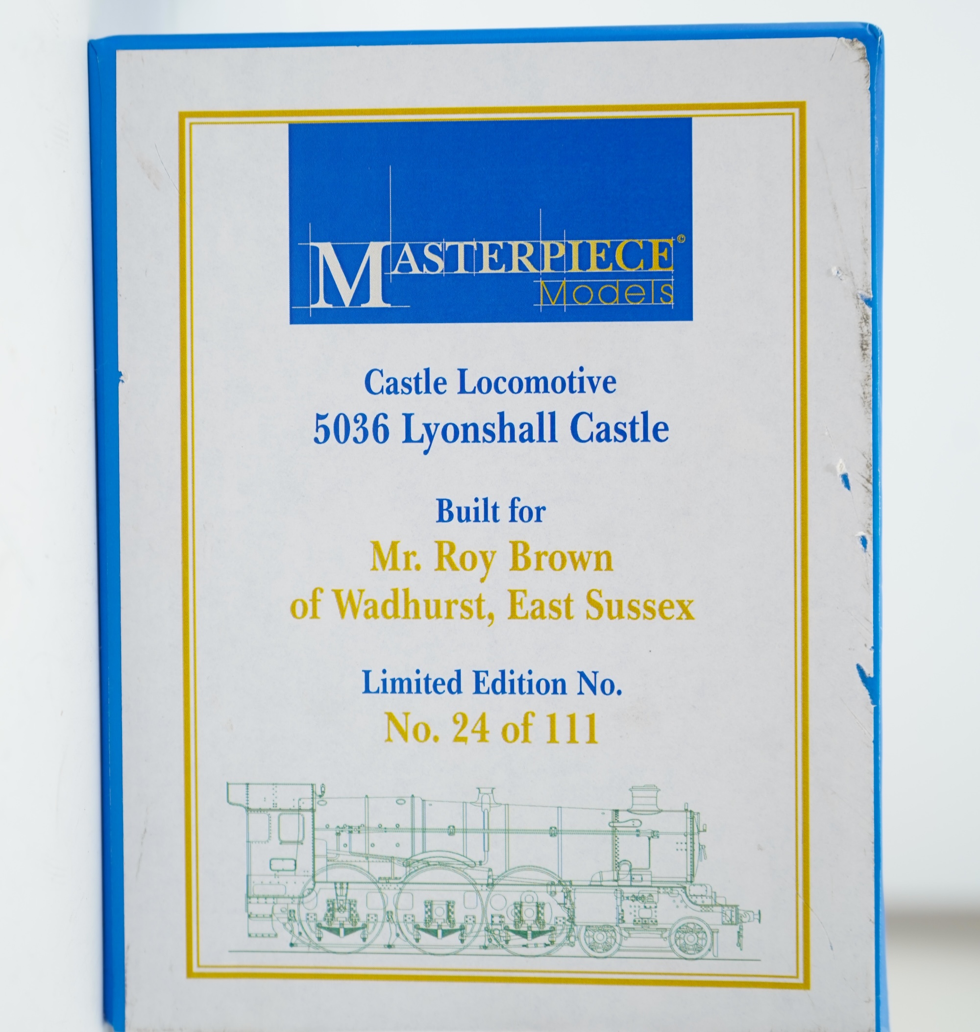 An 0 gauge Masterpiece Models model of GWR Castle Class, Lyonshall Castle 5036, 4-6-0 tender locomotive, powered for two rail operation, with original box, instruction booklet and other paperwork.